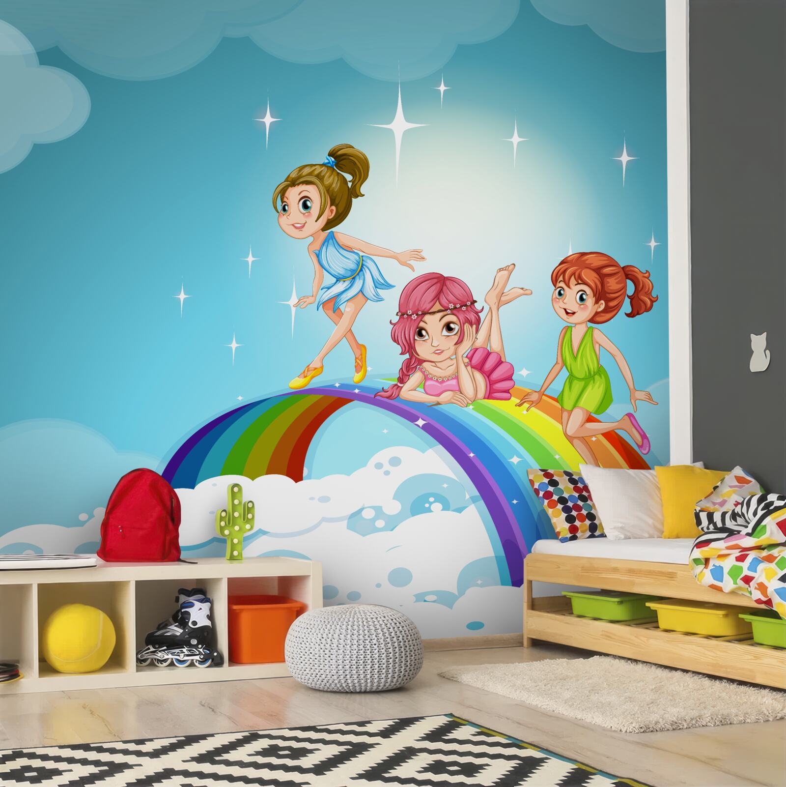 Carta da parati ragazze tra le nuvole sull'arcobaleno