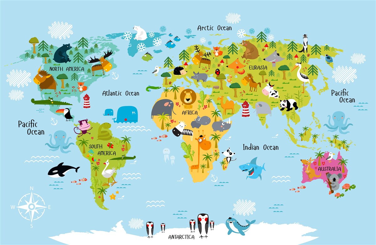 Carta da parati Mappa del mondo per bambini con immagini di animali