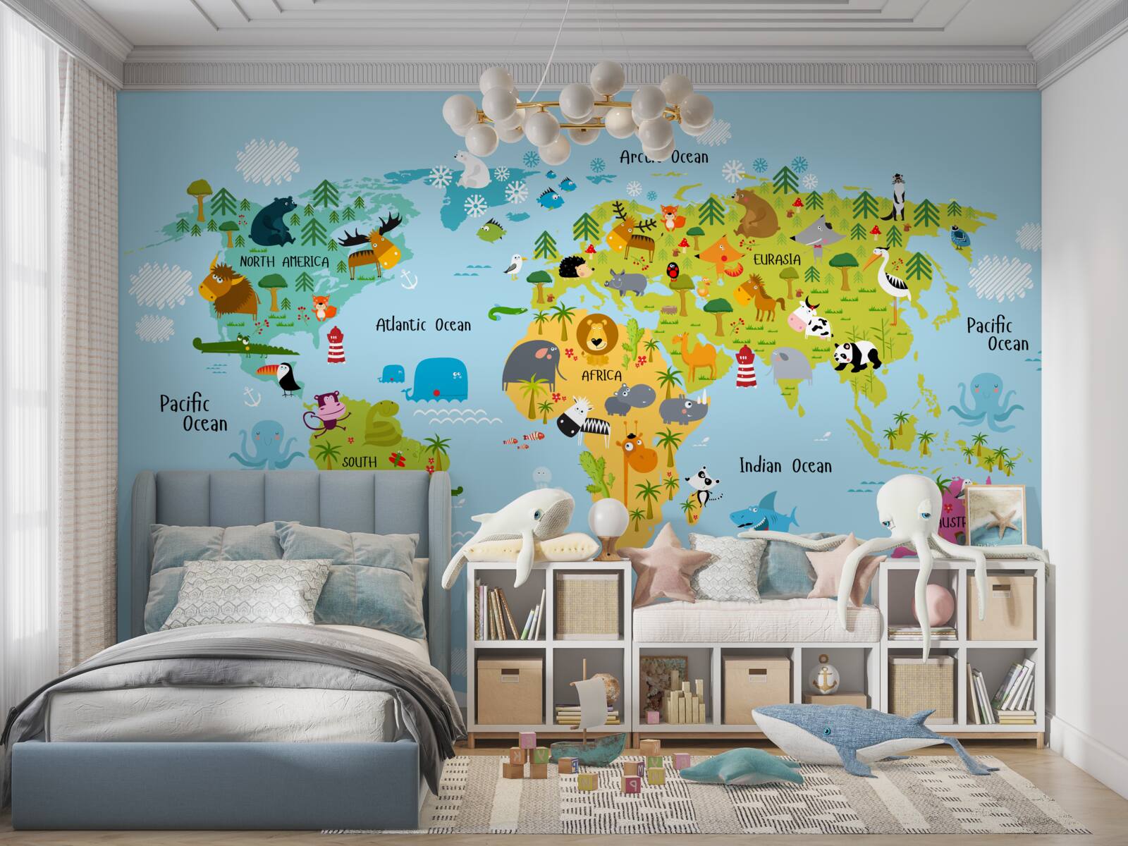 Carta da parati Mappa del mondo per bambini con immagini di animali