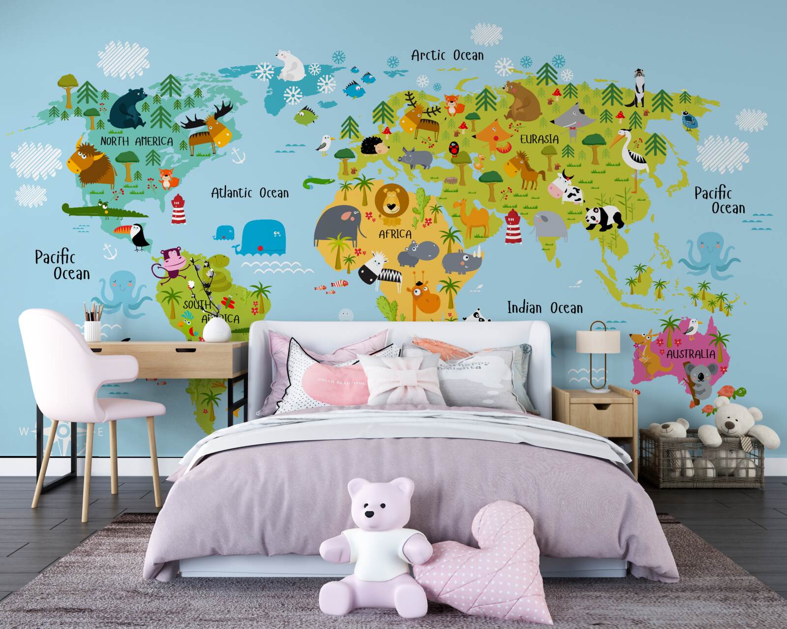 Carta da parati Mappa del mondo per bambini con immagini di animali