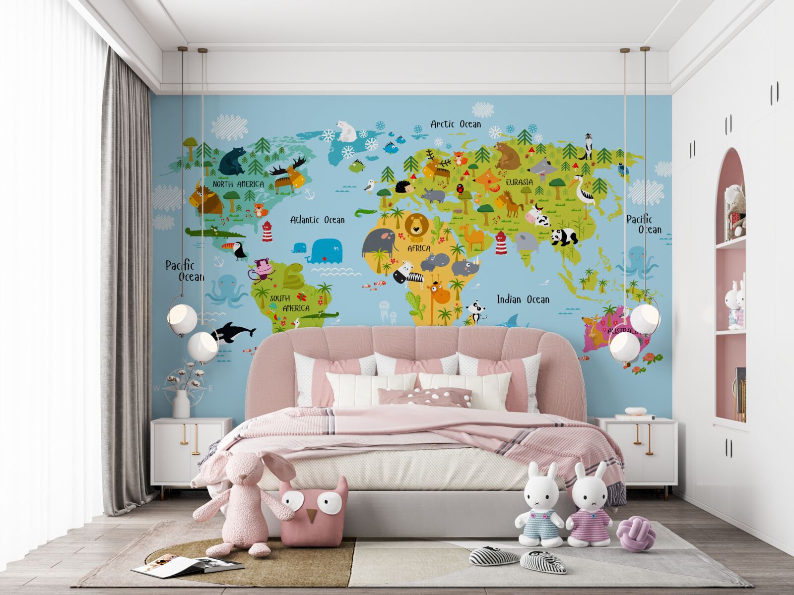 Carta da parati Mappa del mondo per bambini con immagini di animali