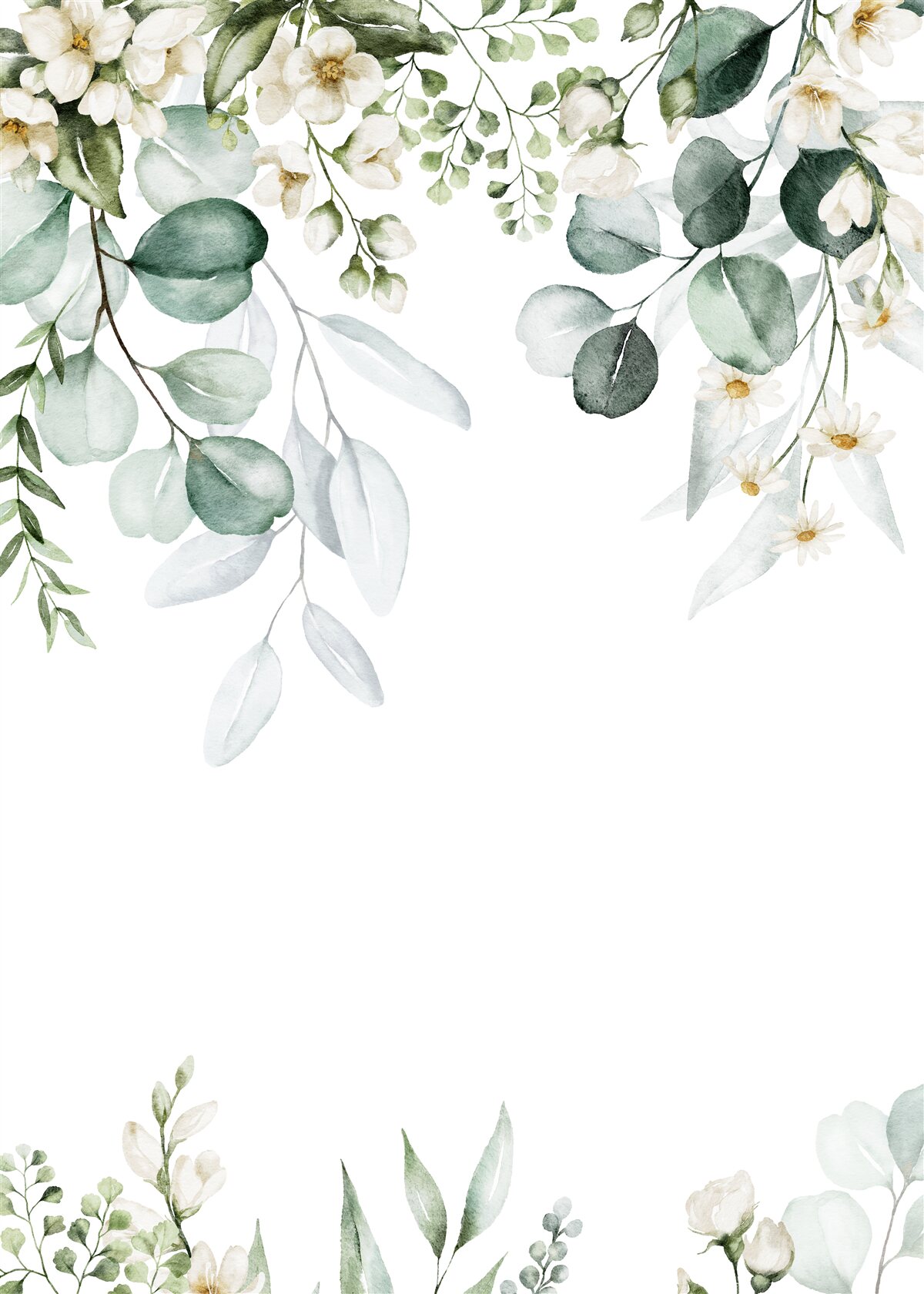 Carta da parati fiori bianchi ed eucalipto