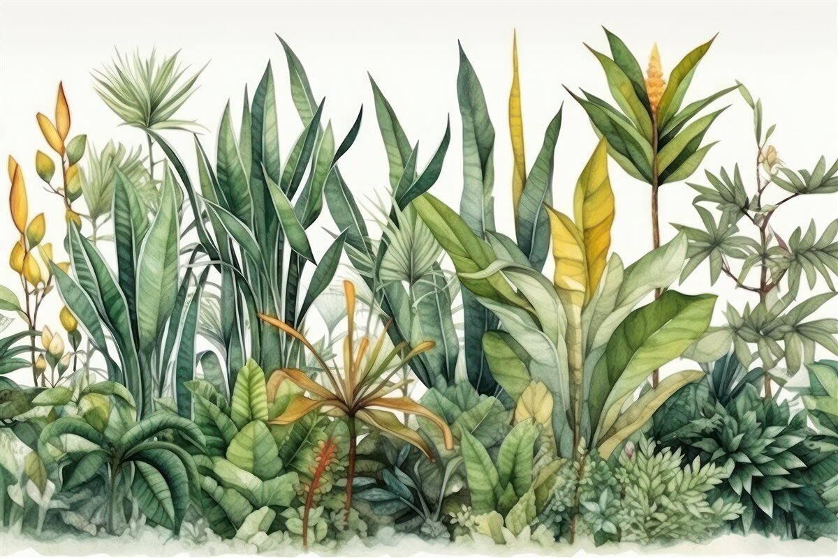 Carta da parati nella giungla crescono alti arbusti di palme