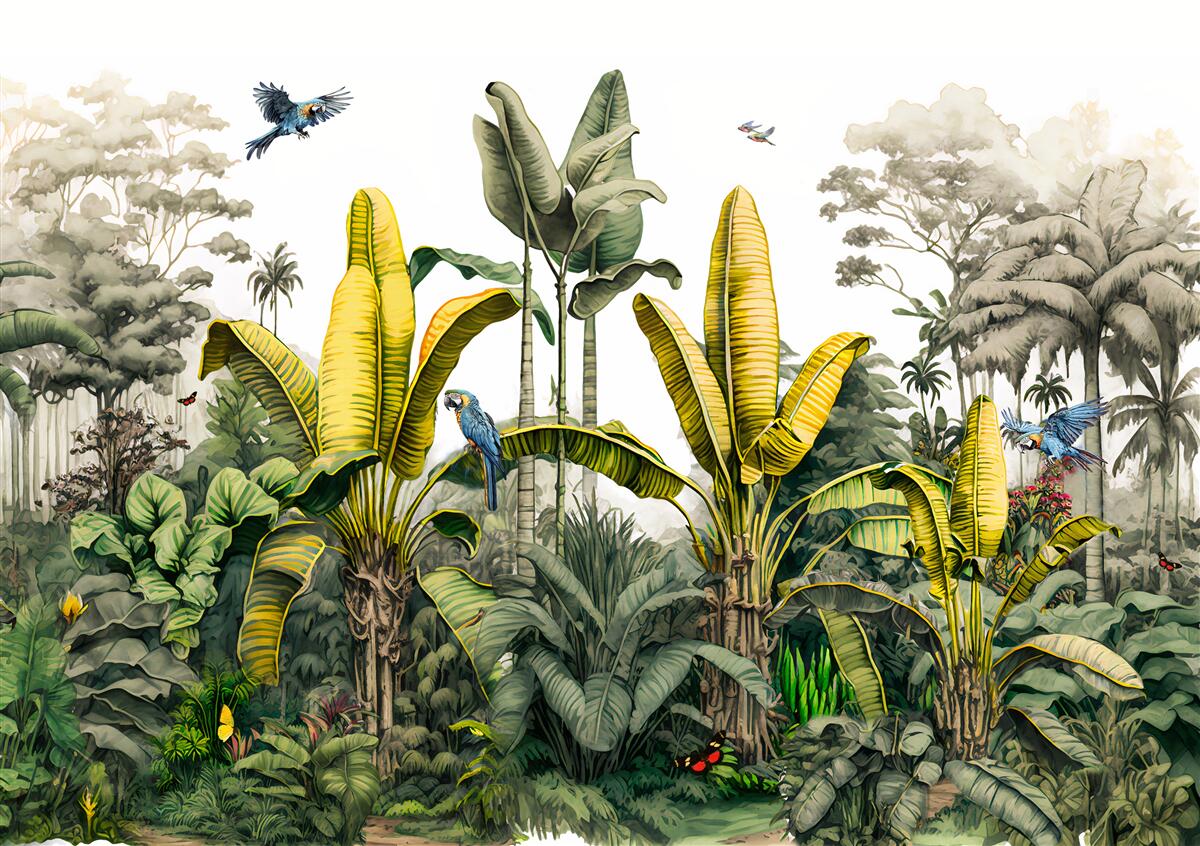 Carta da parati piante tropicali, comprese le palme ad alto fusto