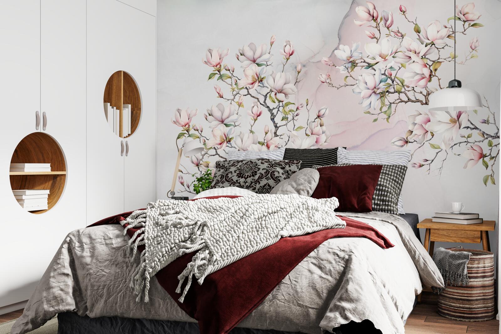 Carta da parati I rami della magnolia bianca e rosa sono aggraziati e bellissimi