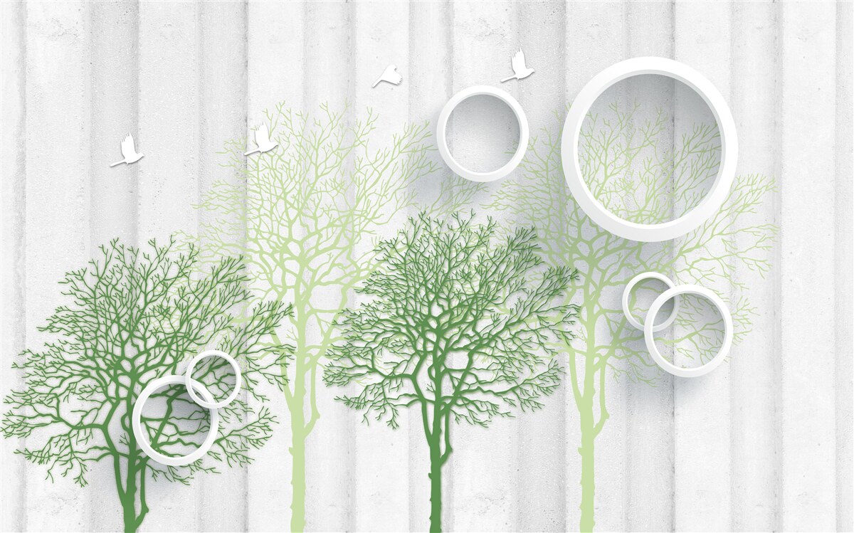 Carta da parati alberi slanciati con foglie verdi e cerchi bianchi come la neve