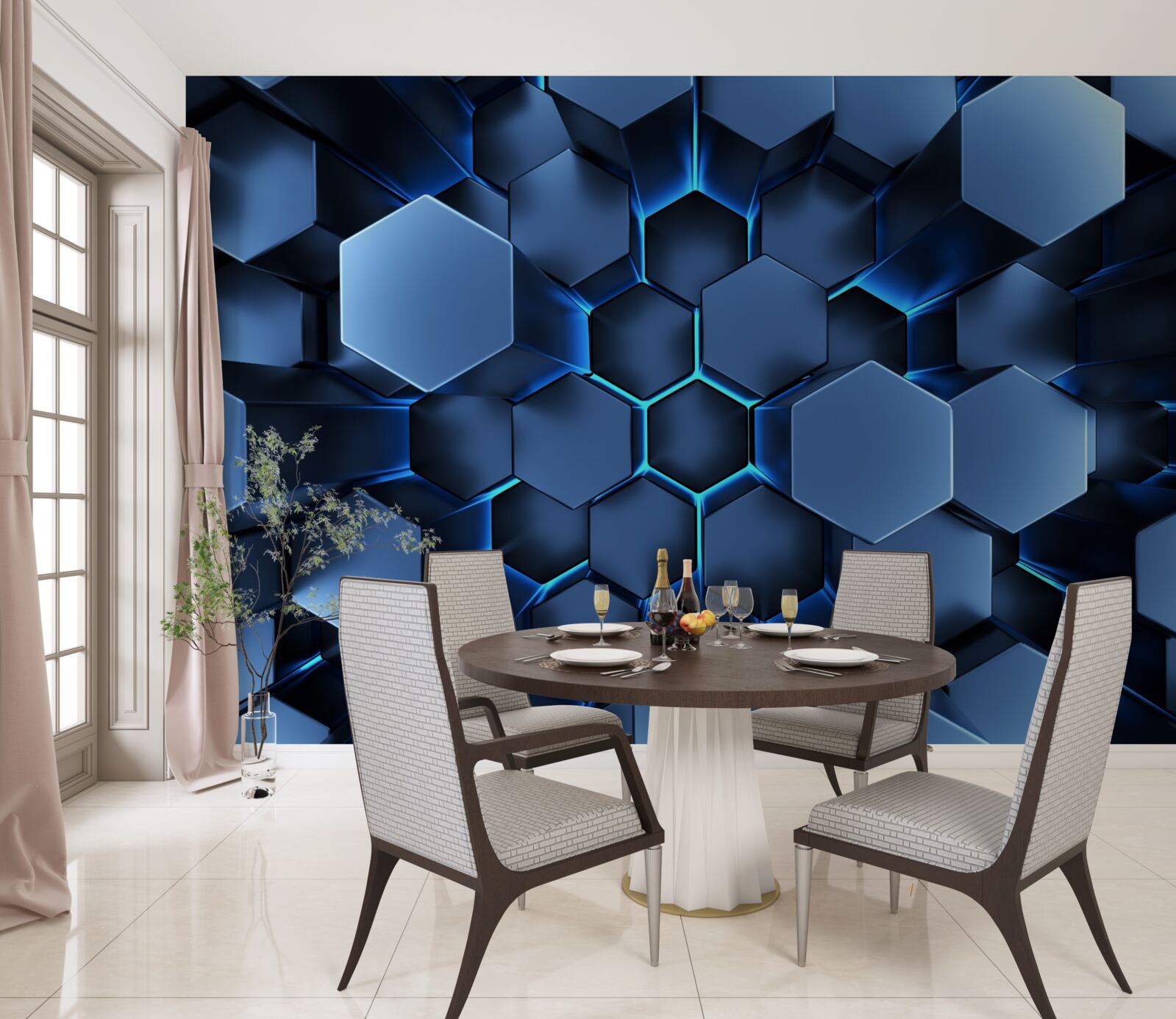 Carta da parati i pentagoni blu sono volumetrici