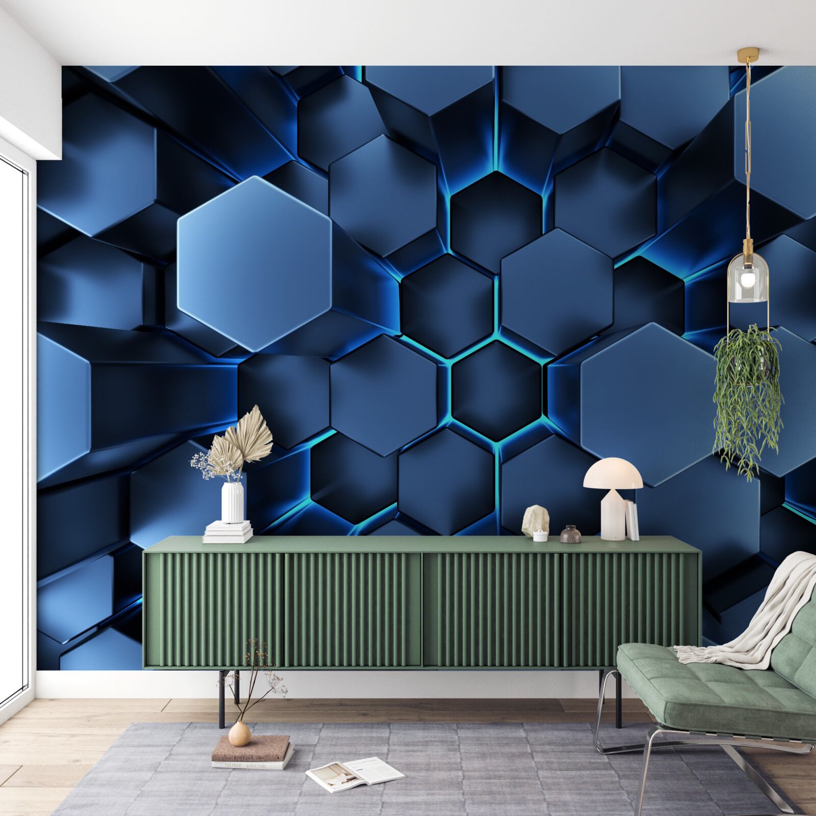 Carta da parati i pentagoni blu sono volumetrici