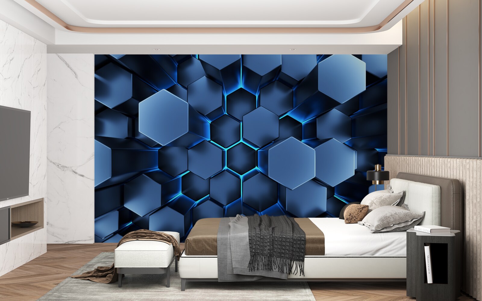 Carta da parati i pentagoni blu sono volumetrici