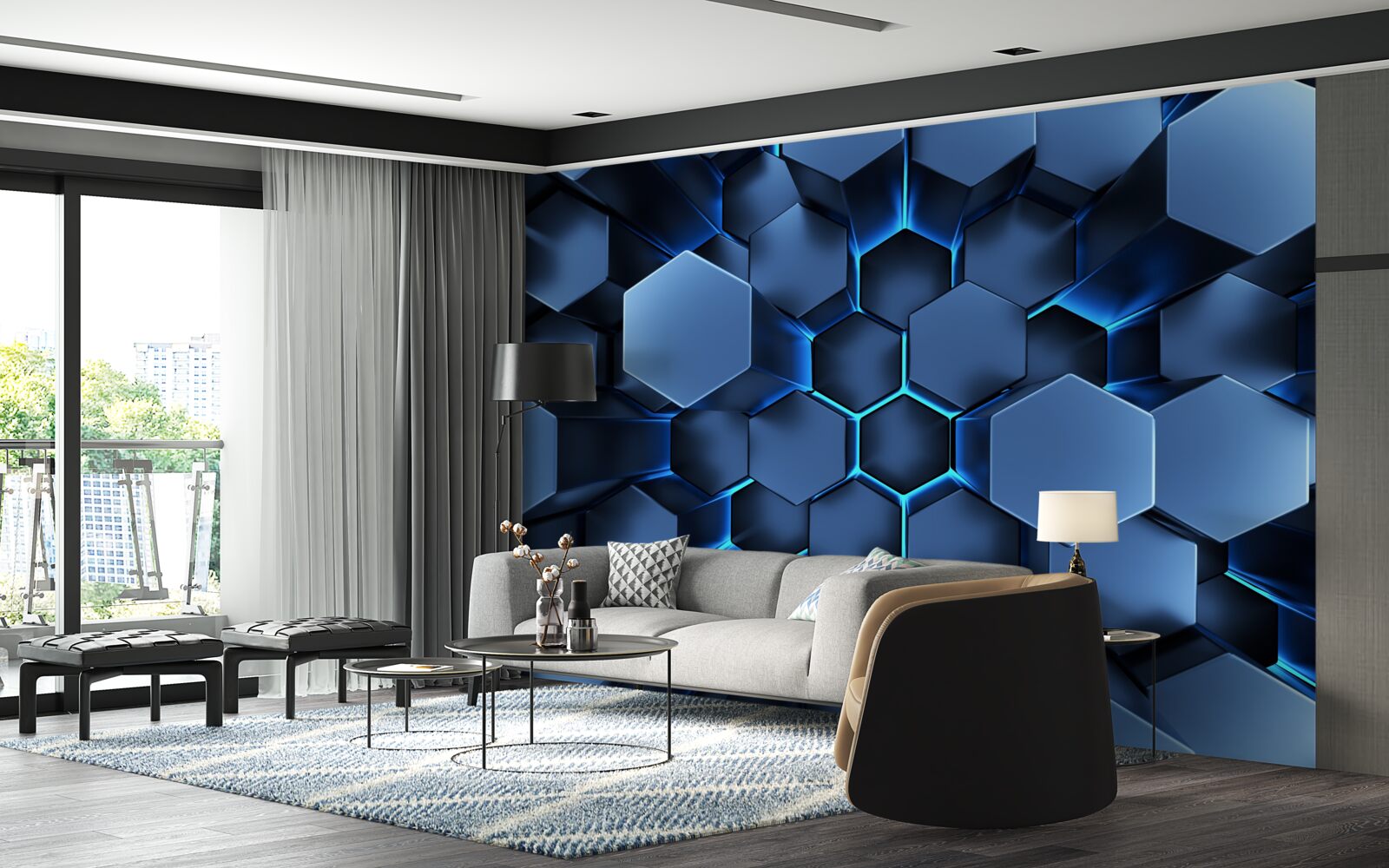 Carta da parati i pentagoni blu sono volumetrici
