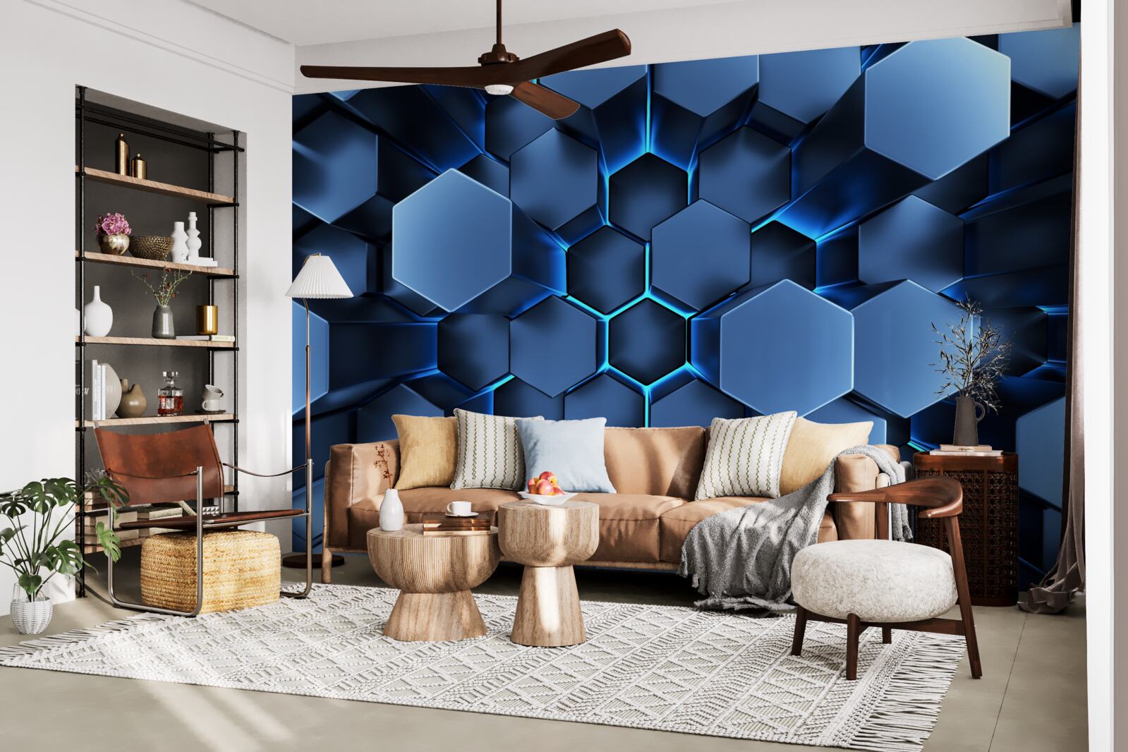 Carta da parati i pentagoni blu sono volumetrici