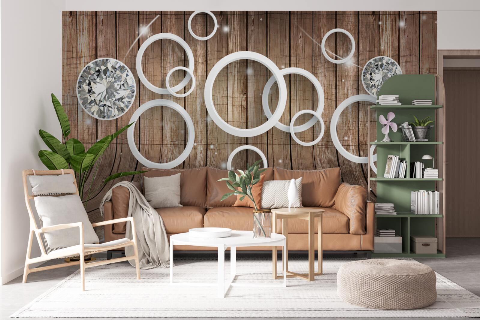 Carta da parati texture legno e cerchi bianchi