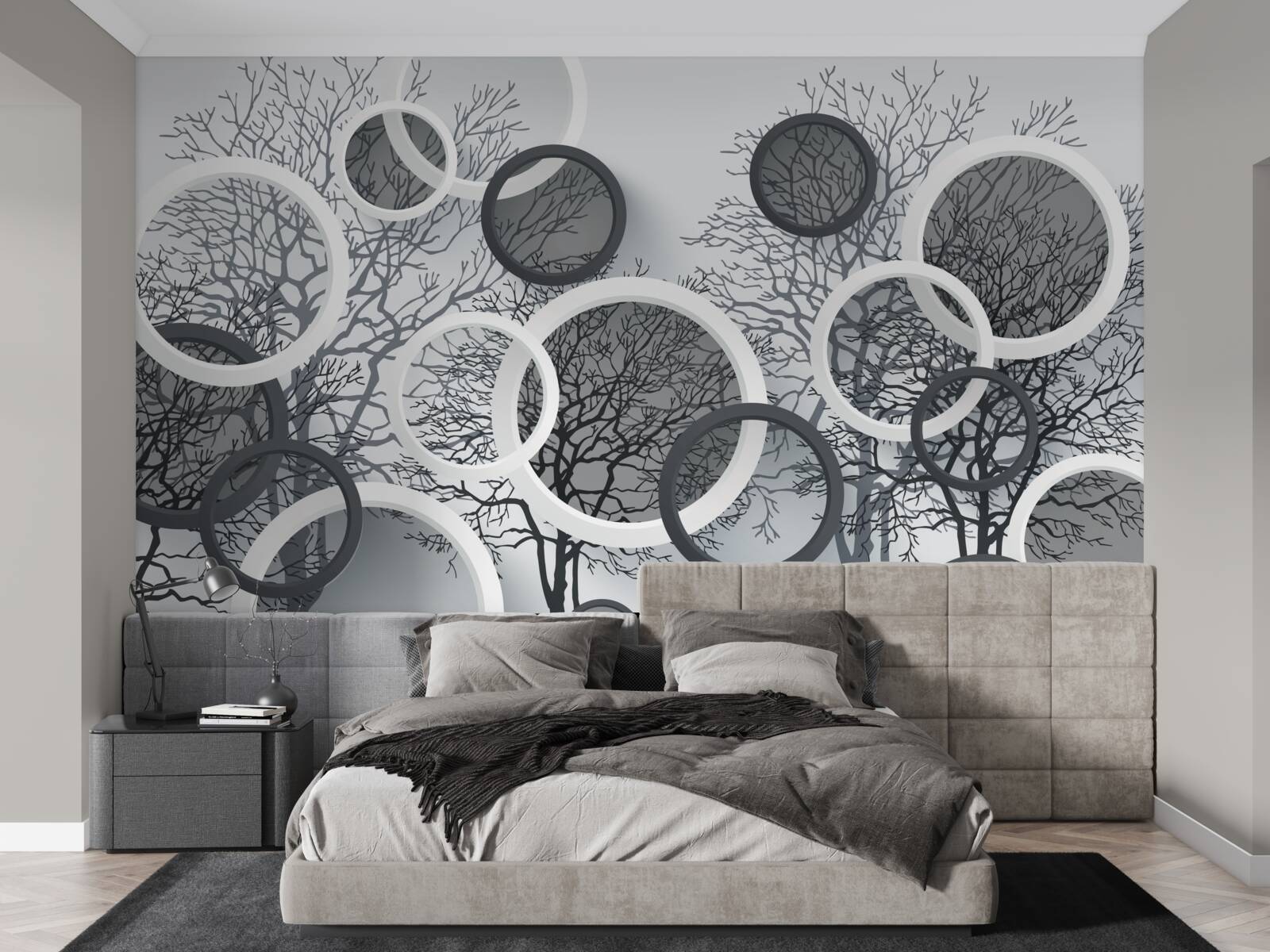 Carta da parati alberi nella nebbia e cerchi