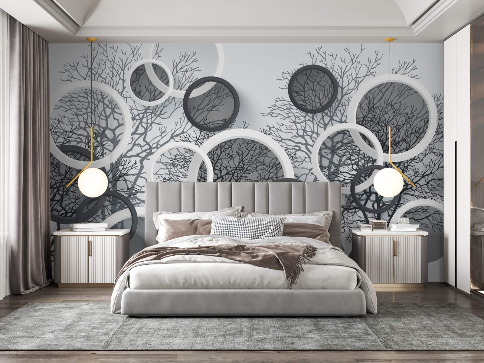 Carta da parati alberi nella nebbia e cerchi