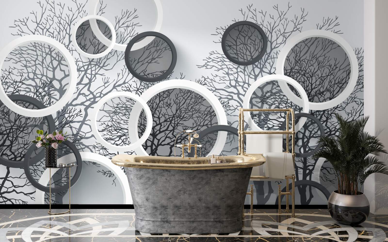 Carta da parati alberi nella nebbia e cerchi