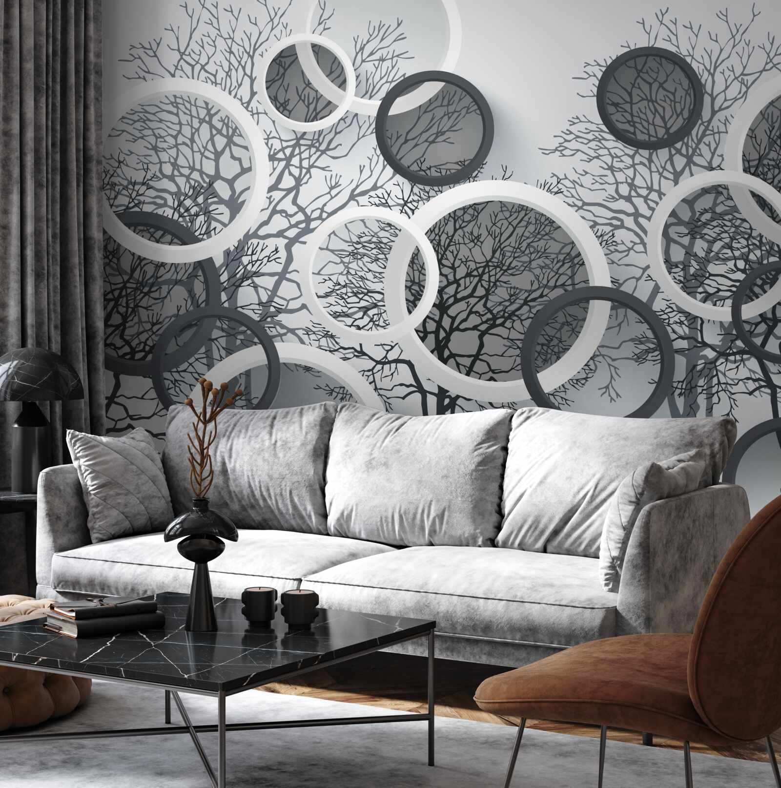 Carta da parati alberi nella nebbia e cerchi