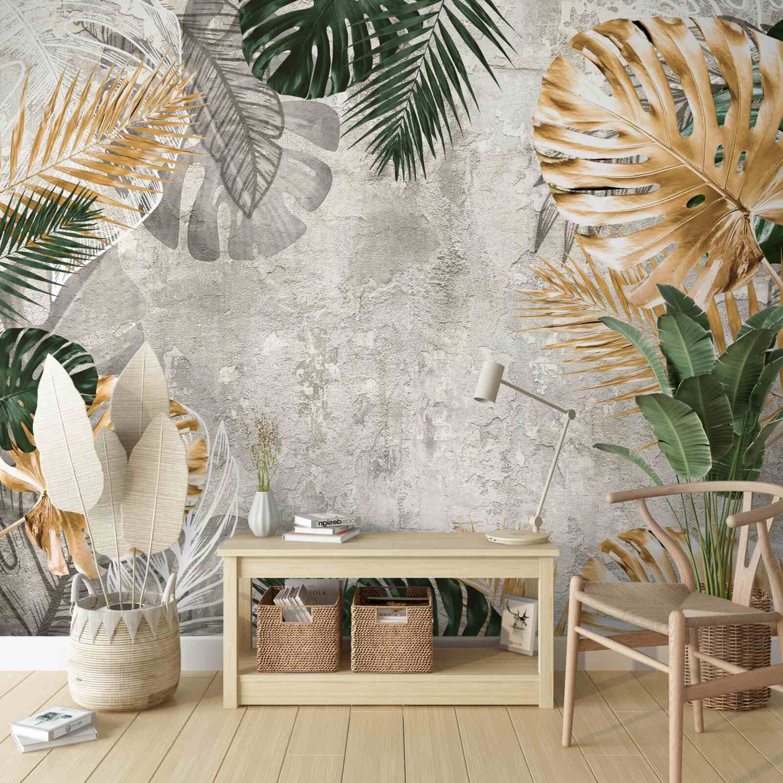 Carta da parati monstera con foglie dorate e verdi