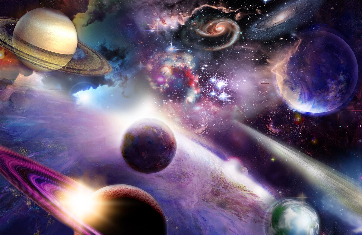 Carta da parati lo spazio è infinito e pieno di pianeti luminosi