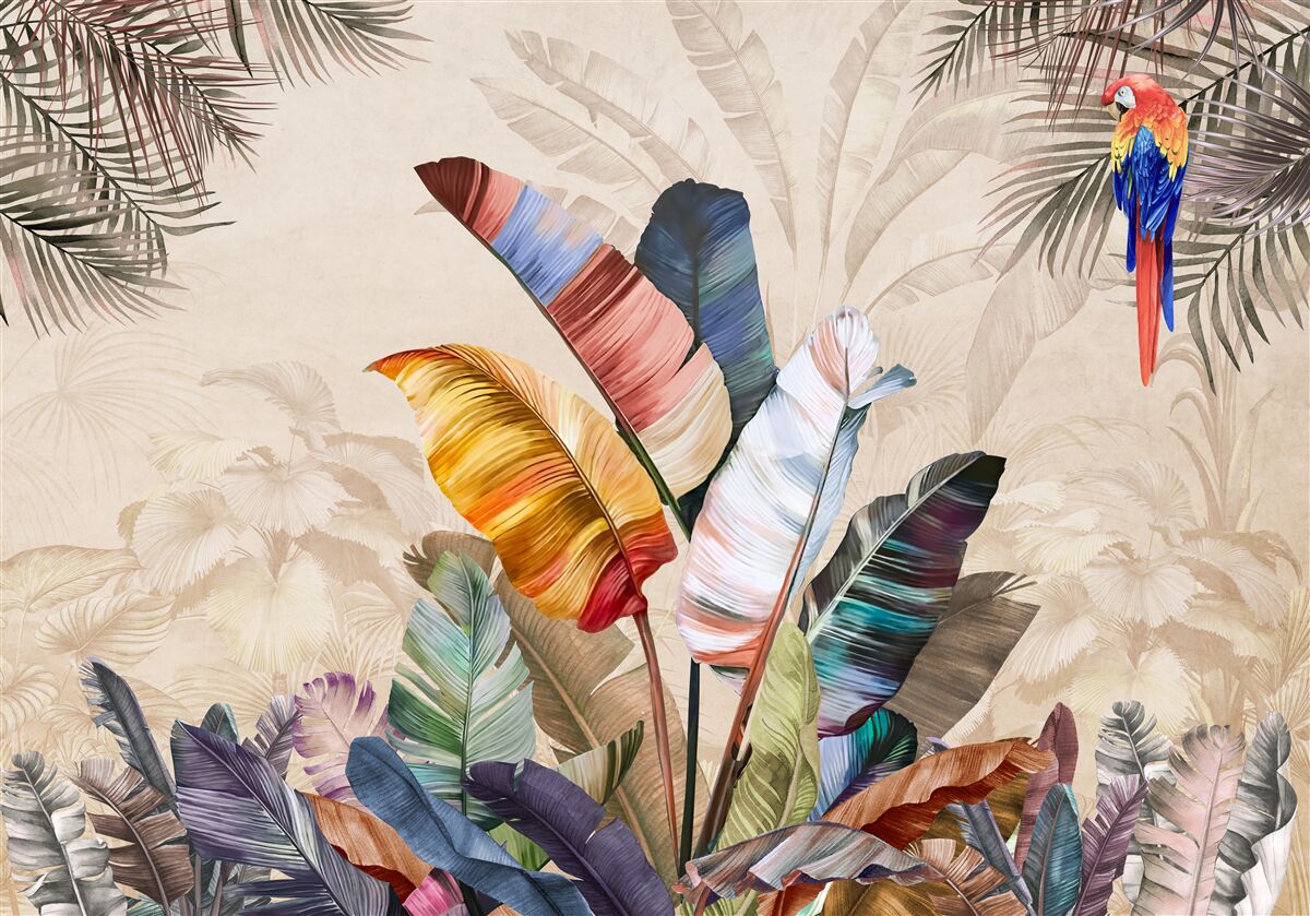 Carta da parati Foglie tropicali dai colori intensi e un pappagallo