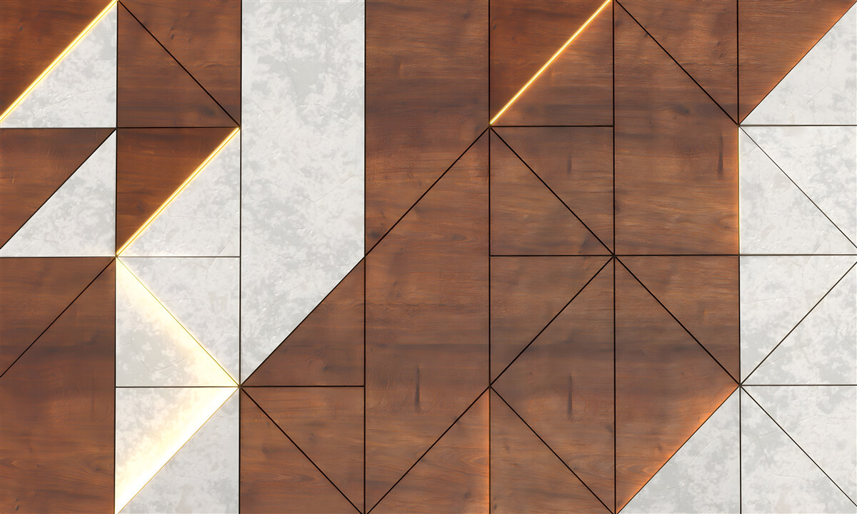 Carta da parati forme geometriche su un pavimento di legno