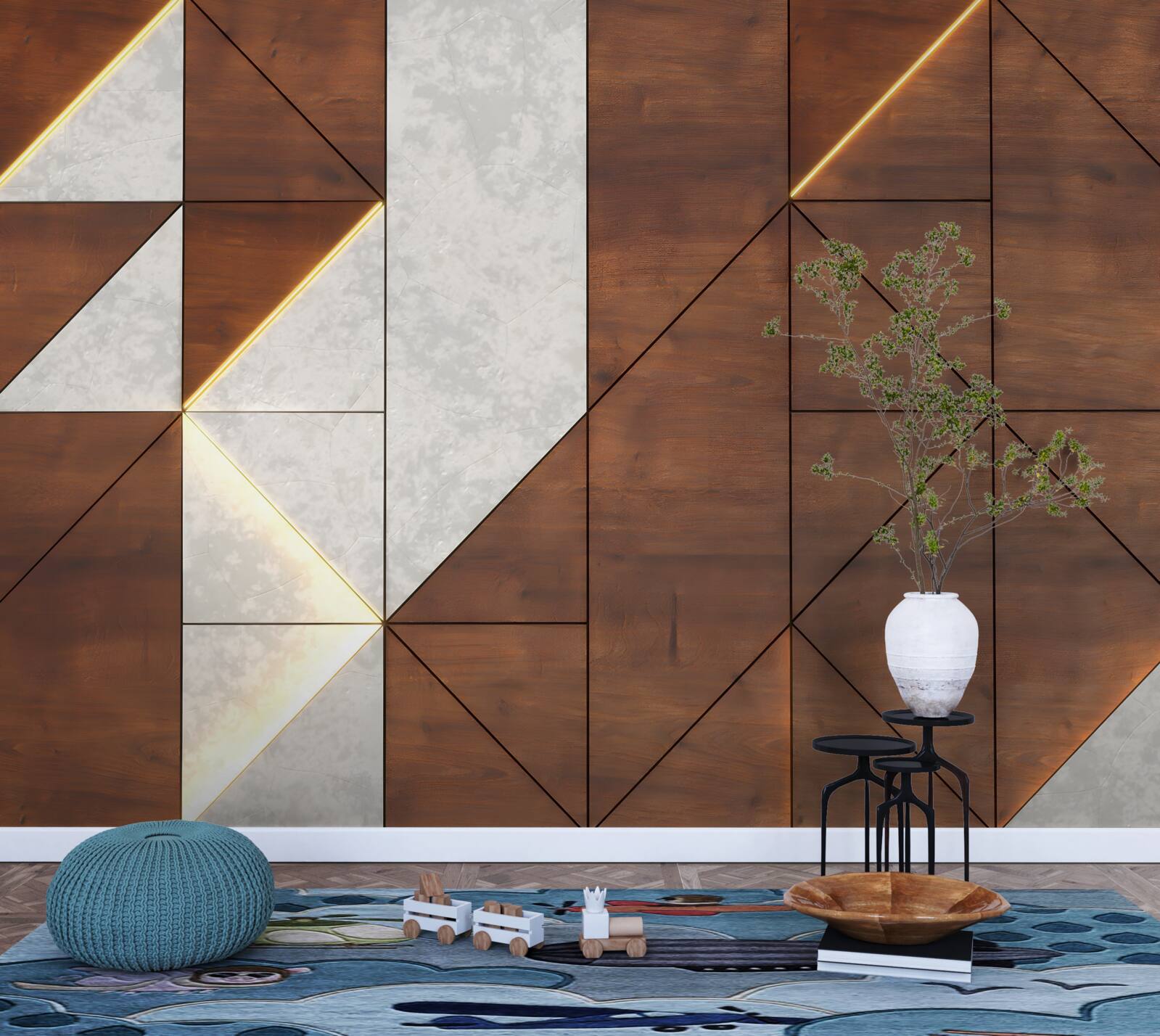 Carta da parati forme geometriche su un pavimento di legno