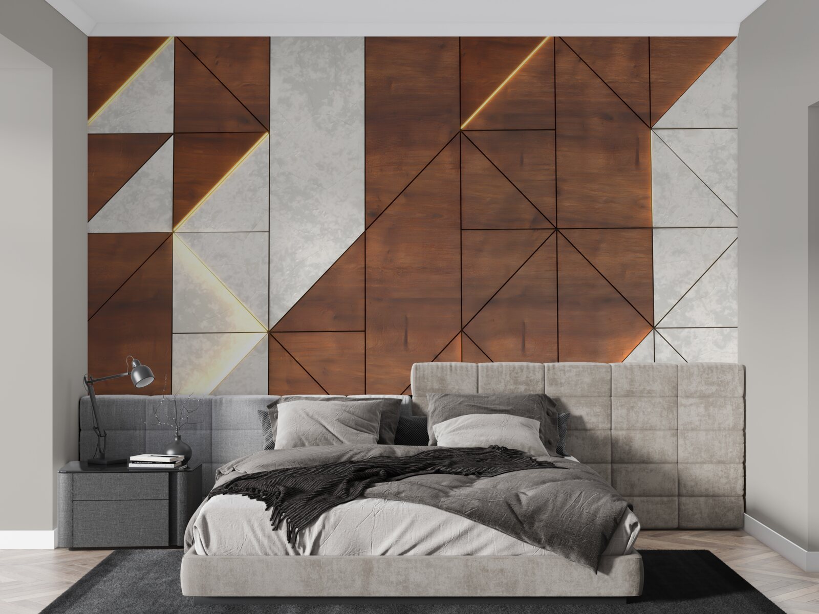 Carta da parati forme geometriche su un pavimento di legno