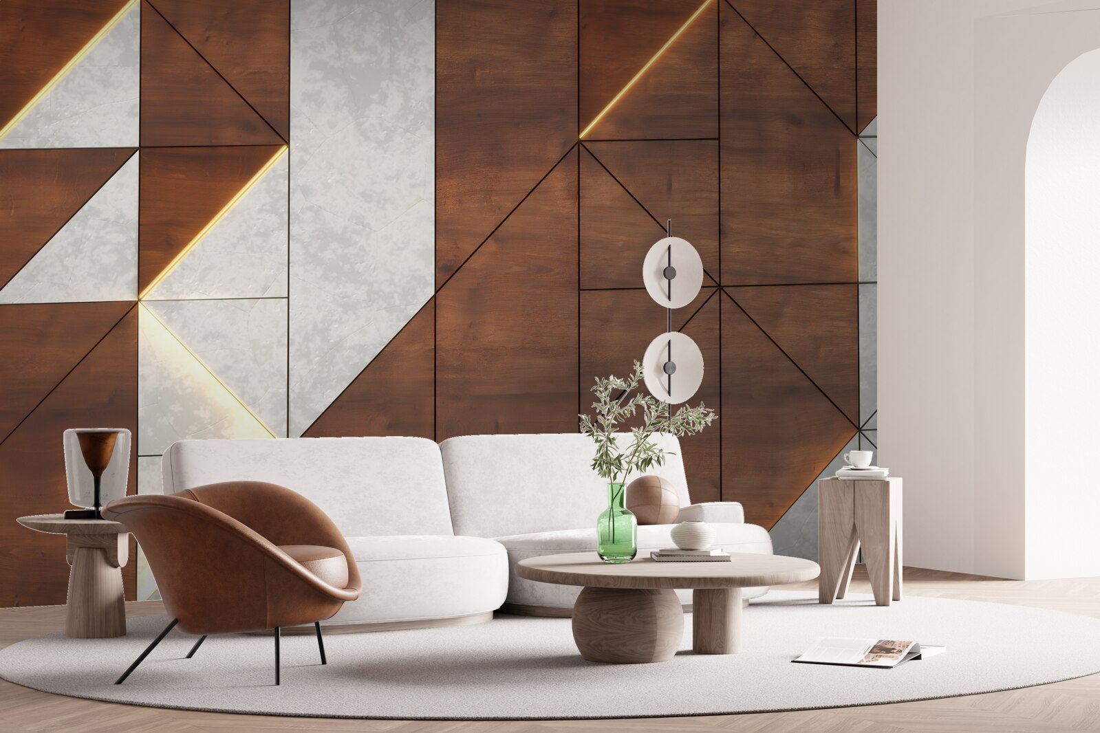 Carta da parati forme geometriche su un pavimento di legno