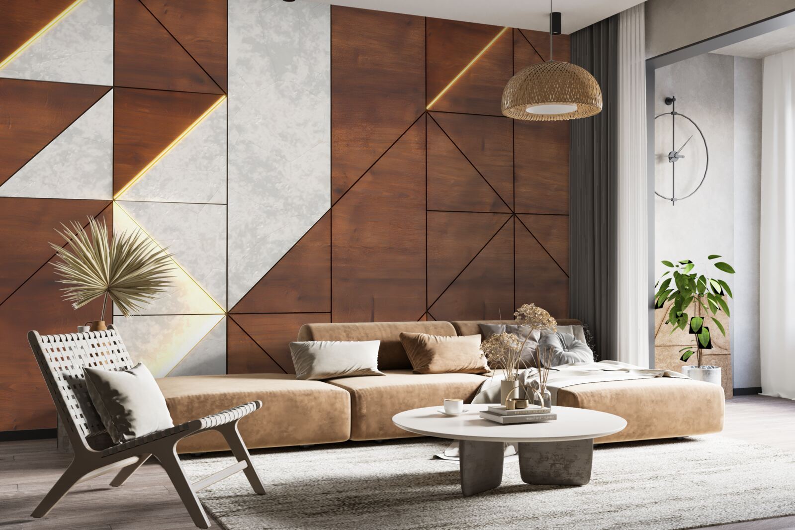 Carta da parati forme geometriche su un pavimento di legno
