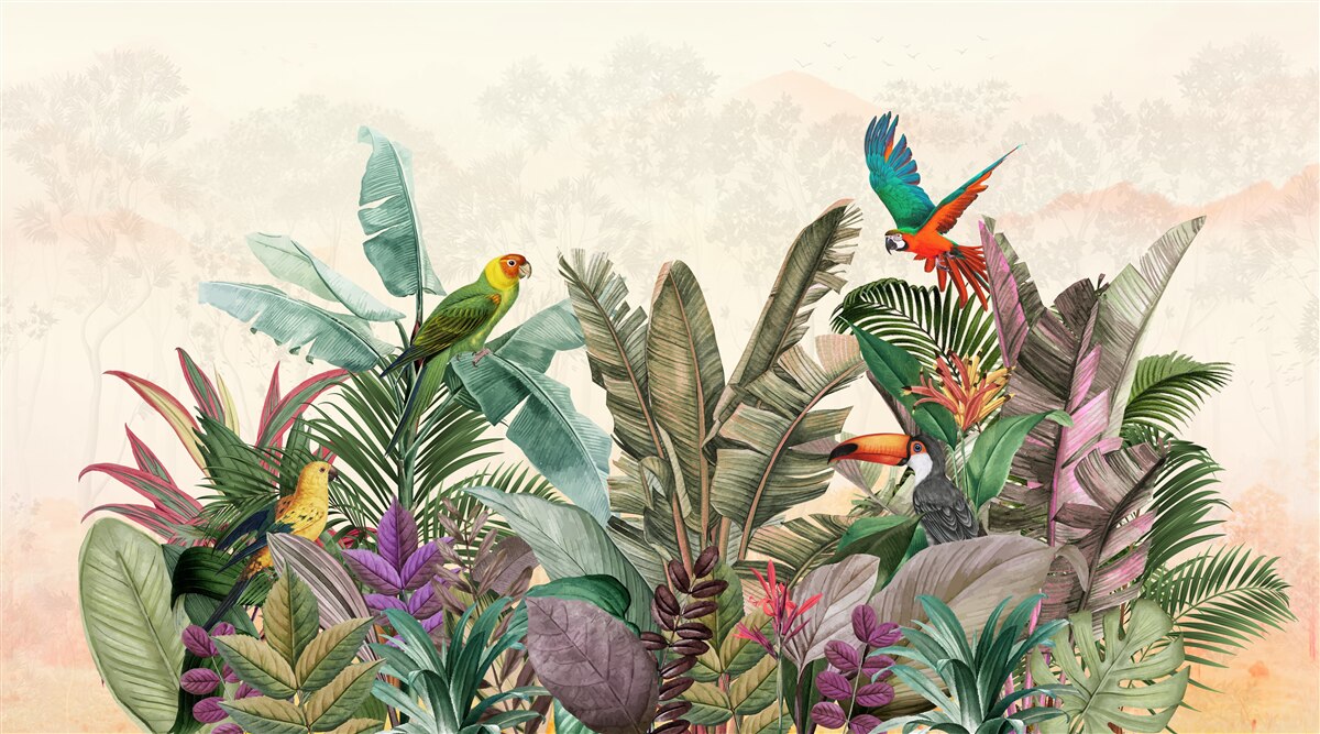 Carta da parati foglie tropicali decorate con uccelli