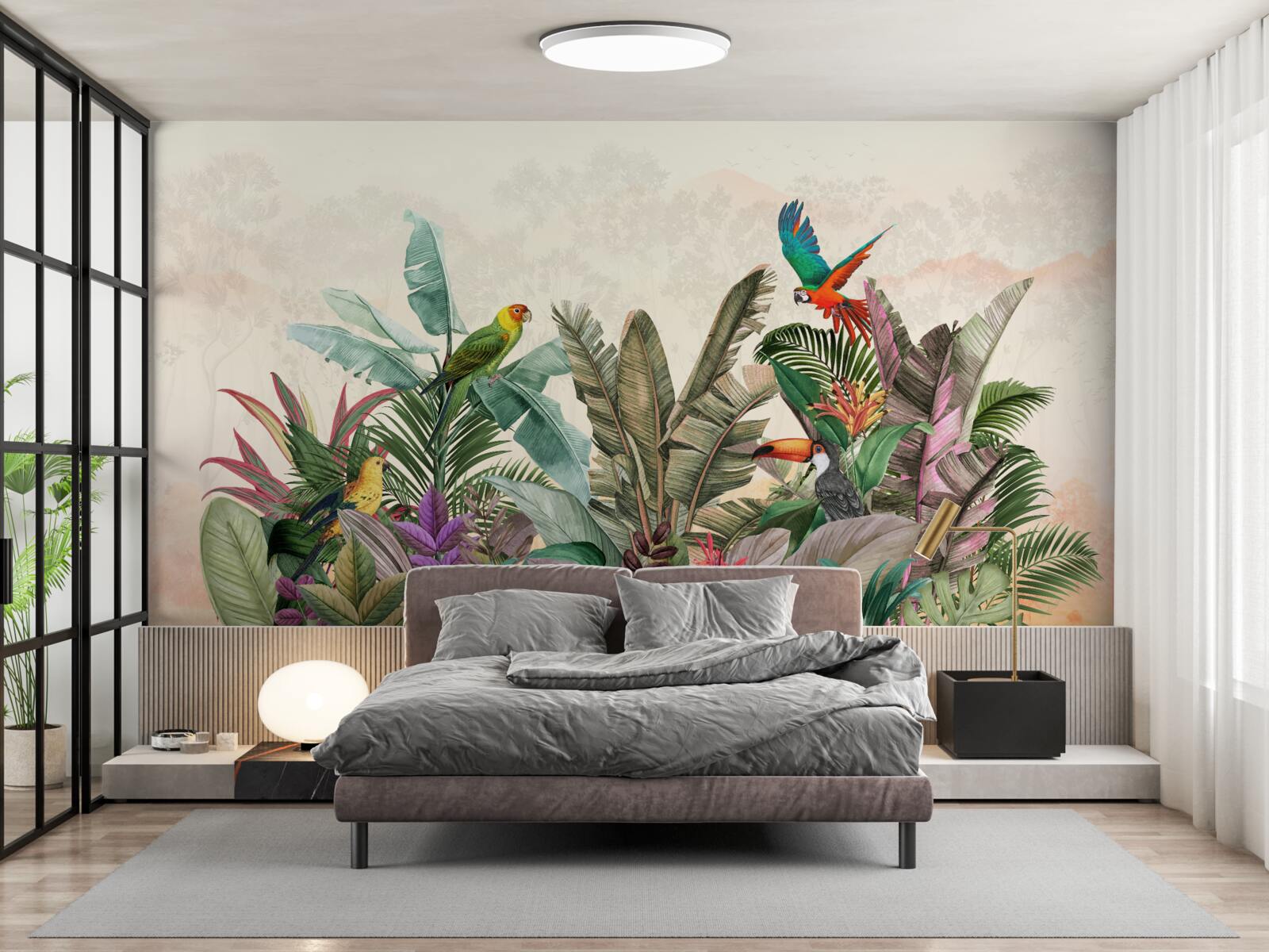 Carta da parati foglie tropicali decorate con uccelli