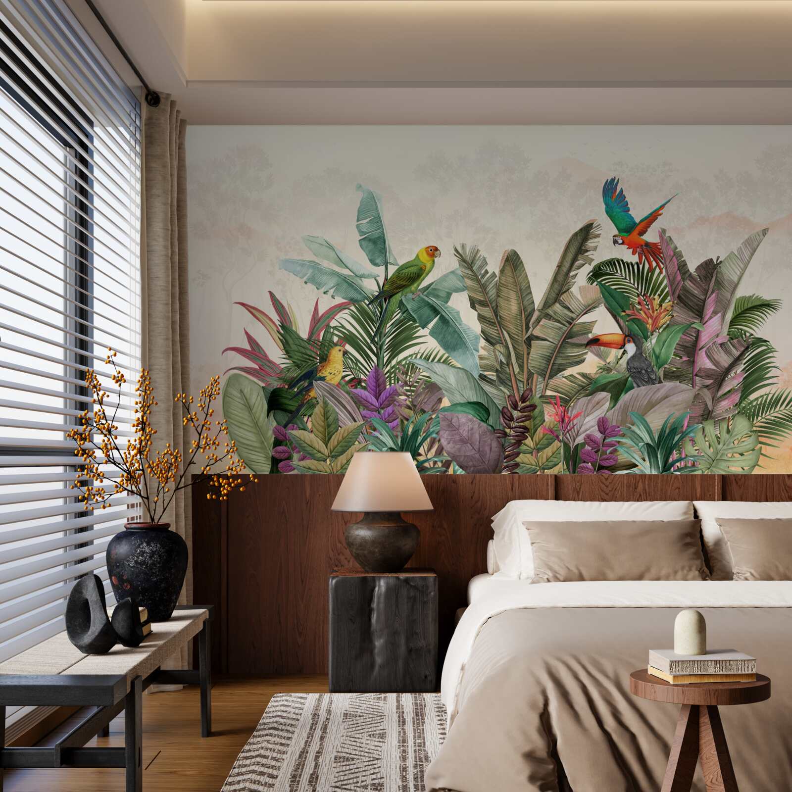 Carta da parati foglie tropicali decorate con uccelli