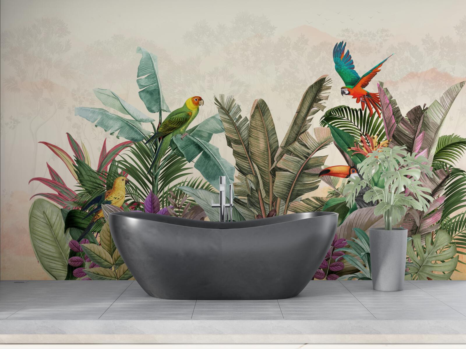 Carta da parati foglie tropicali decorate con uccelli