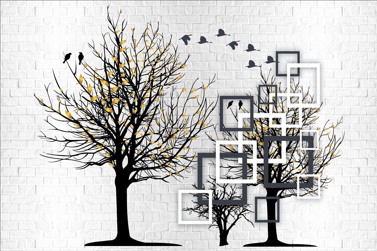 Carta da parati astratto con alberi e muro di mattoni