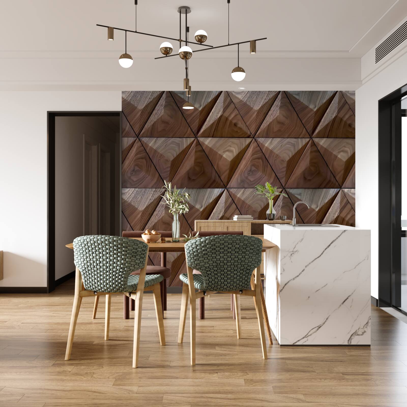 Carta da parati forme triangolari con texture legno