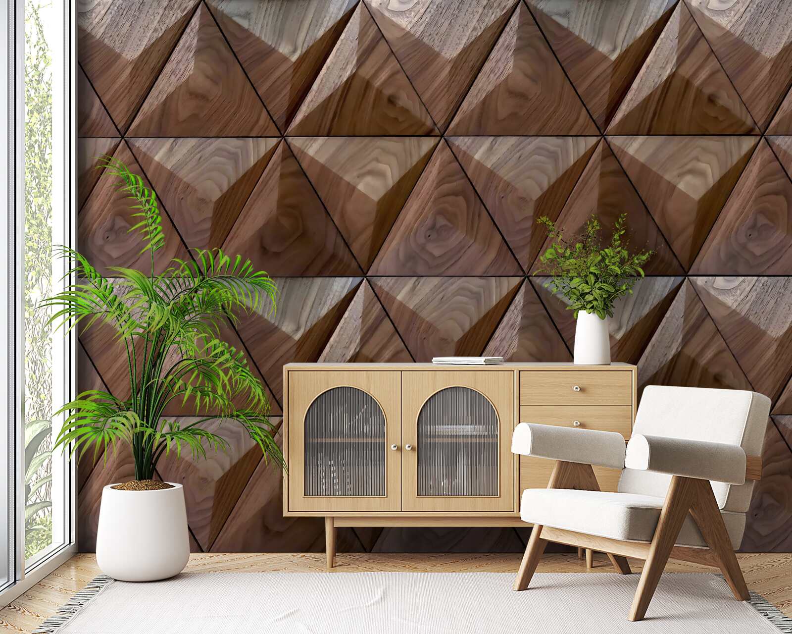 Carta da parati forme triangolari con texture legno