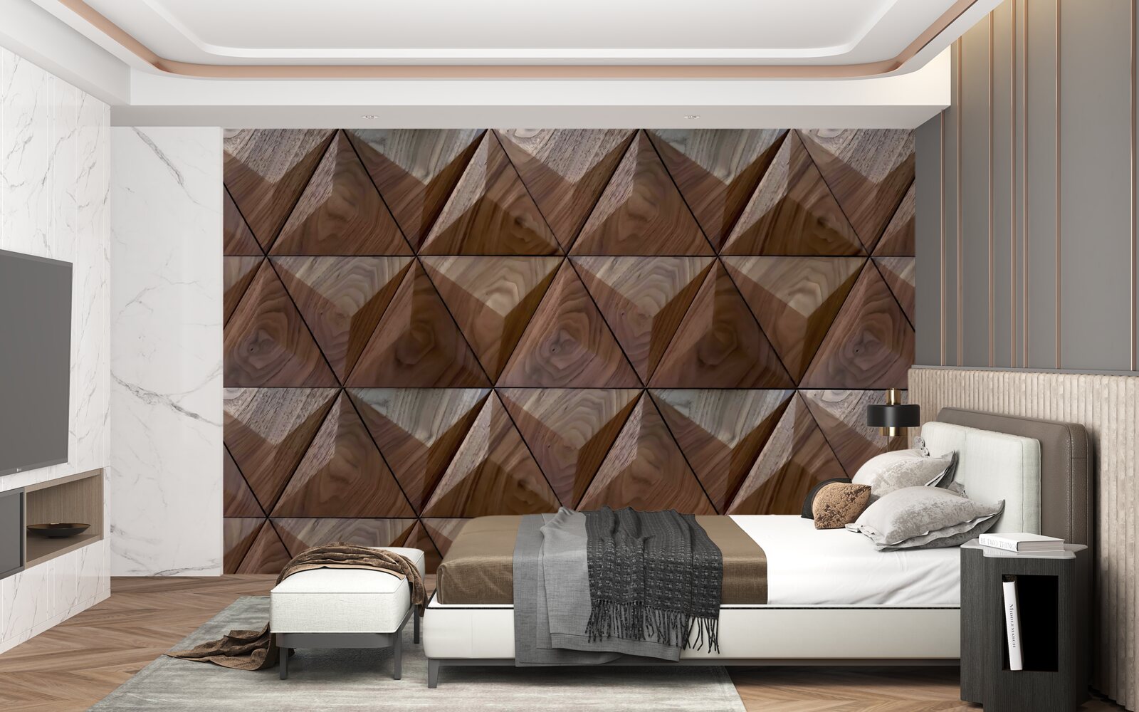 Carta da parati forme triangolari con texture legno