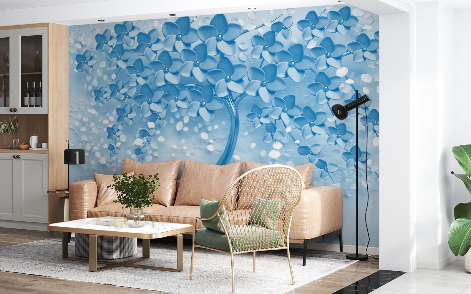 Carta da parati un grande albero blu con fiori