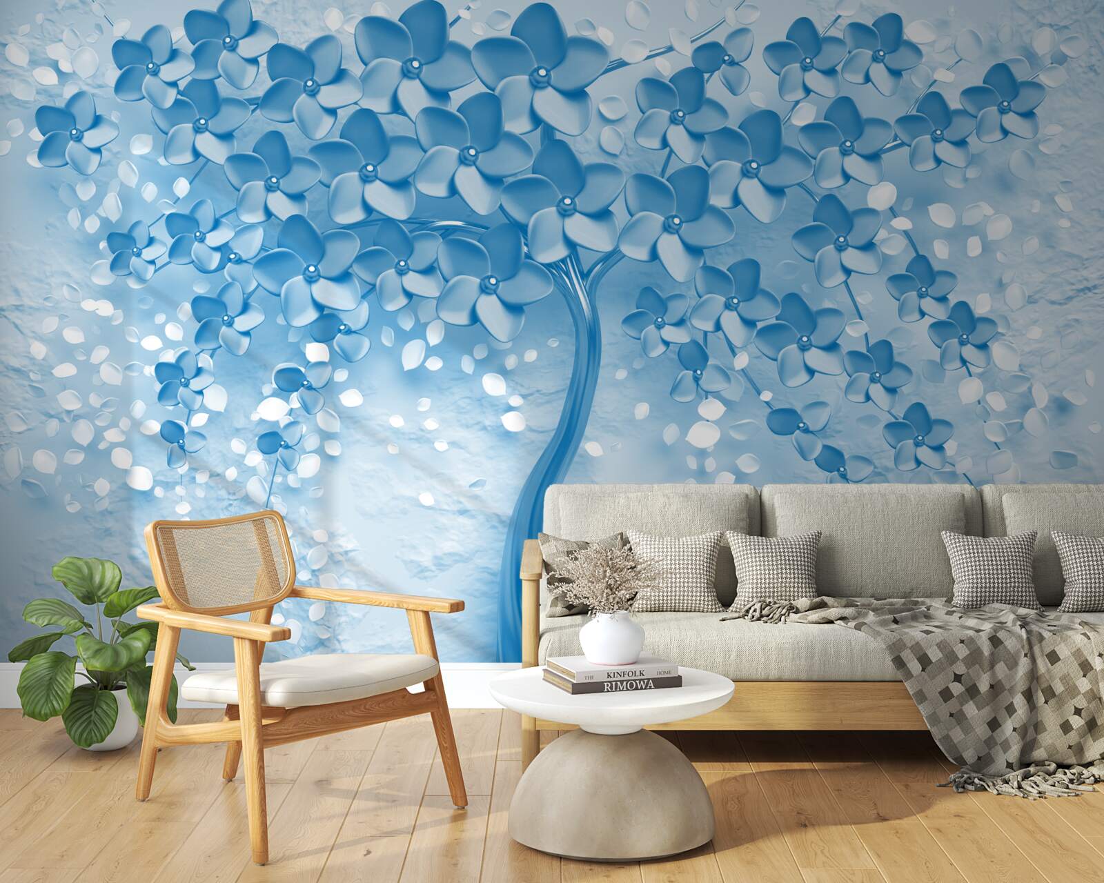 Carta da parati un grande albero blu con fiori