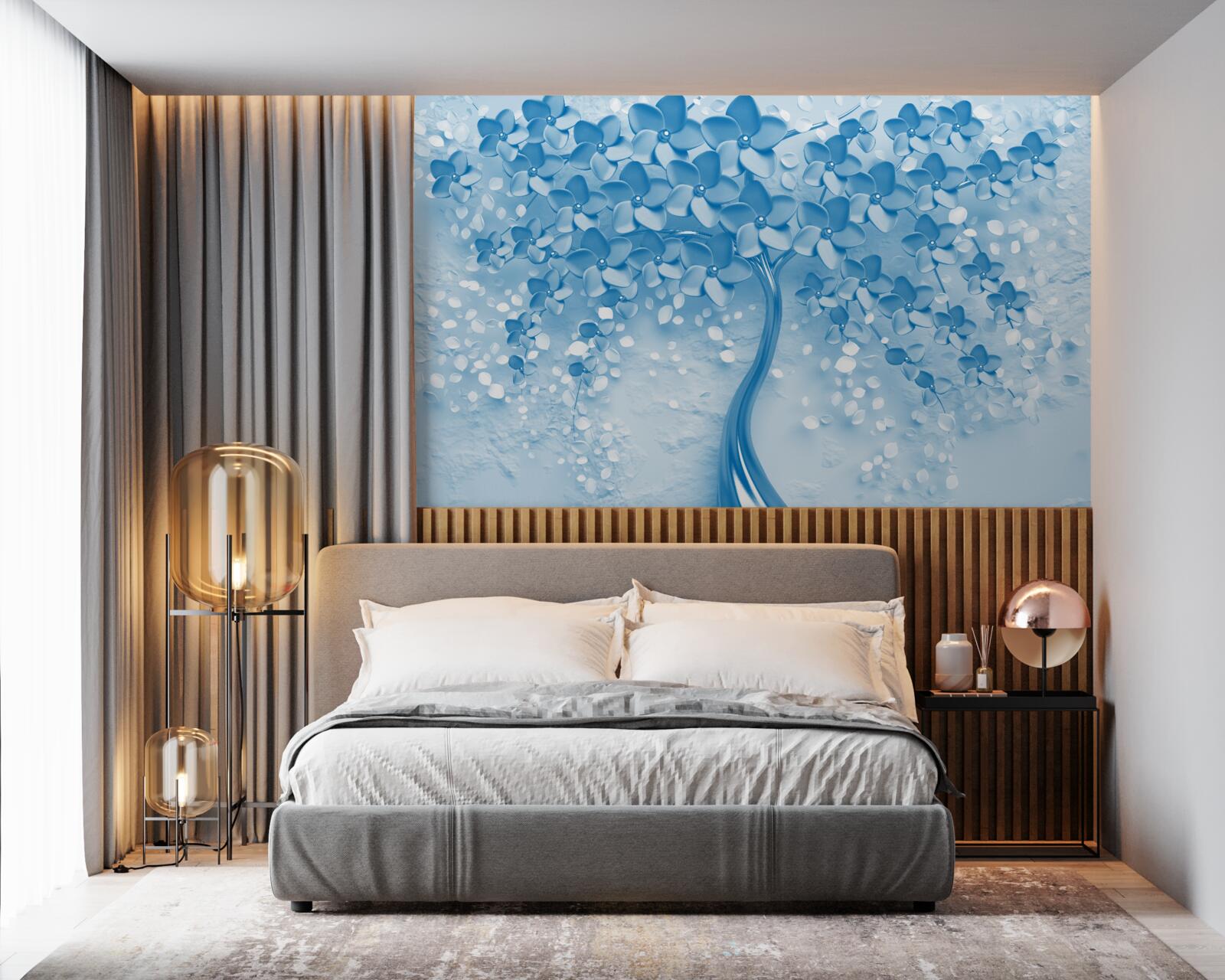 Carta da parati un grande albero blu con fiori