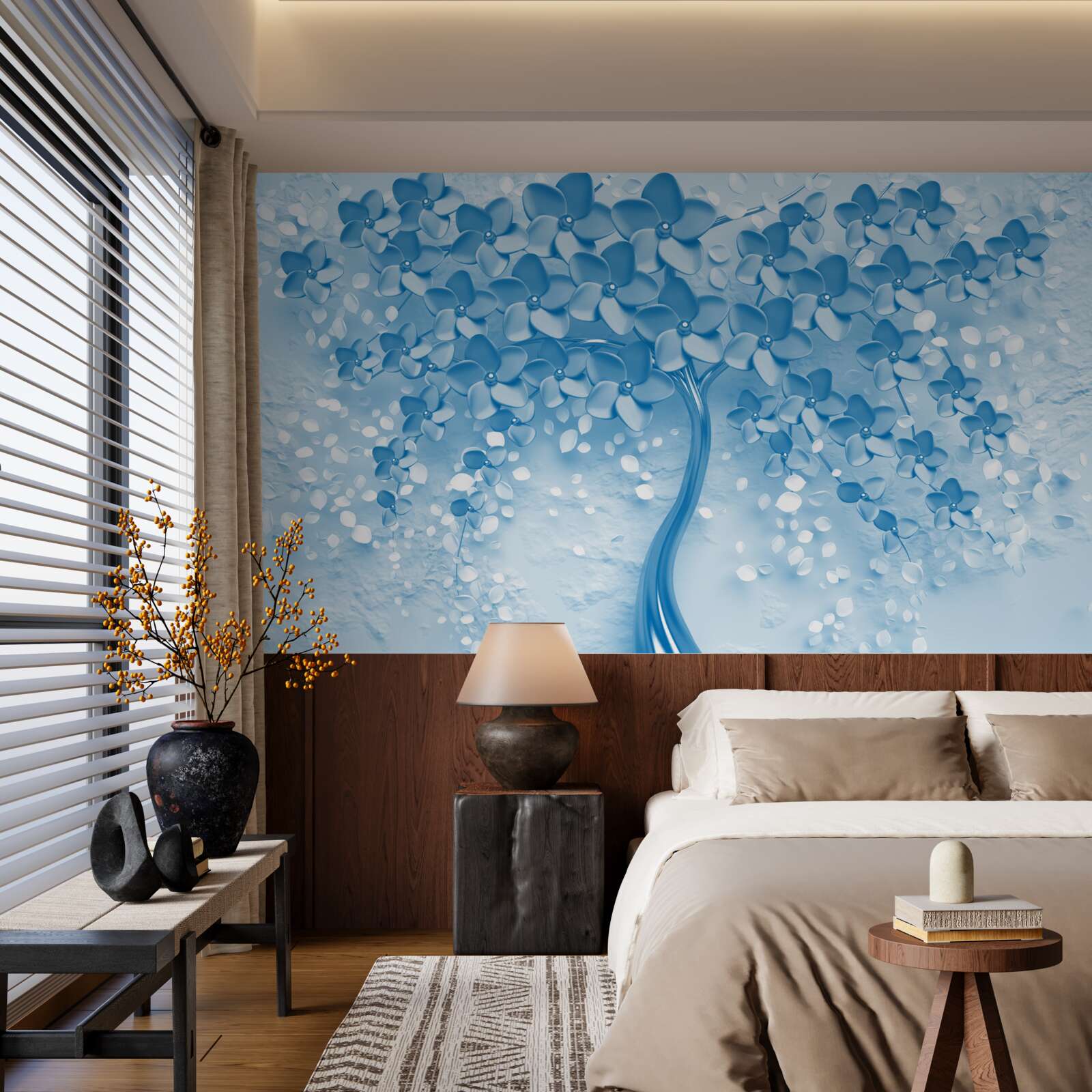 Carta da parati un grande albero blu con fiori