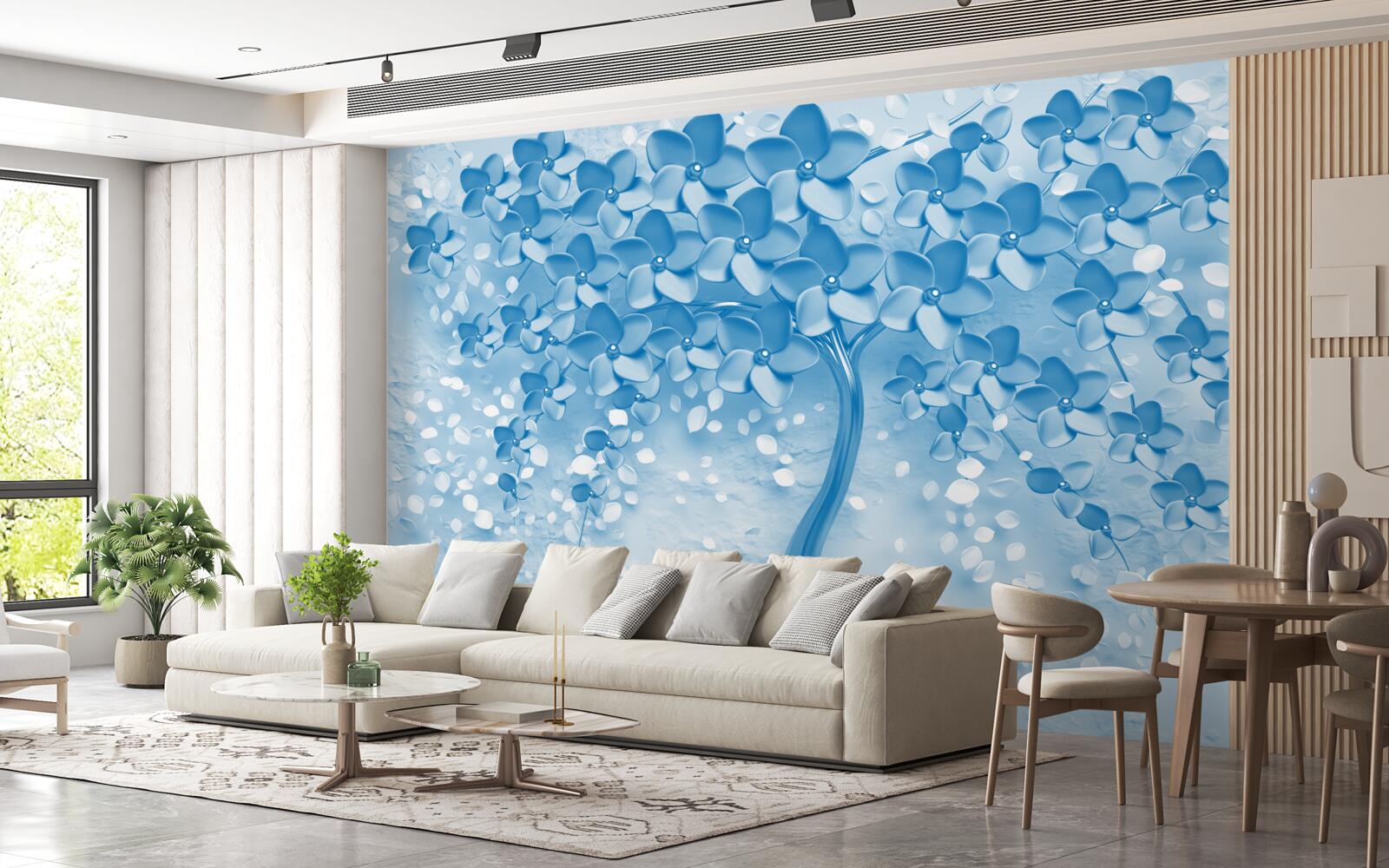 Carta da parati un grande albero blu con fiori