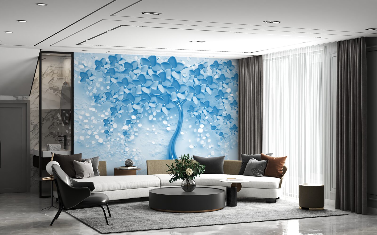 Carta da parati un grande albero blu con fiori