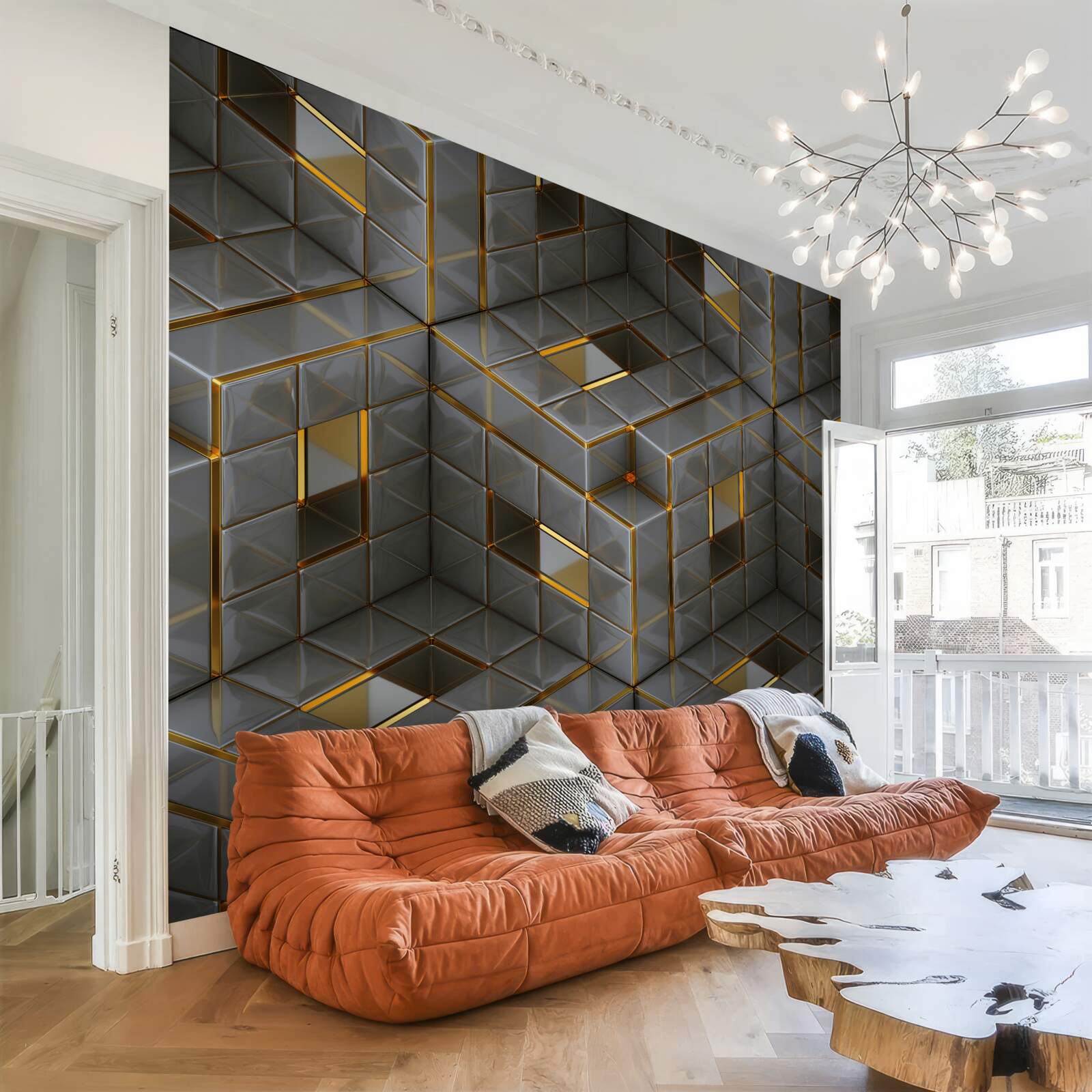 Carta da parati Cubi 3d con elementi in oro