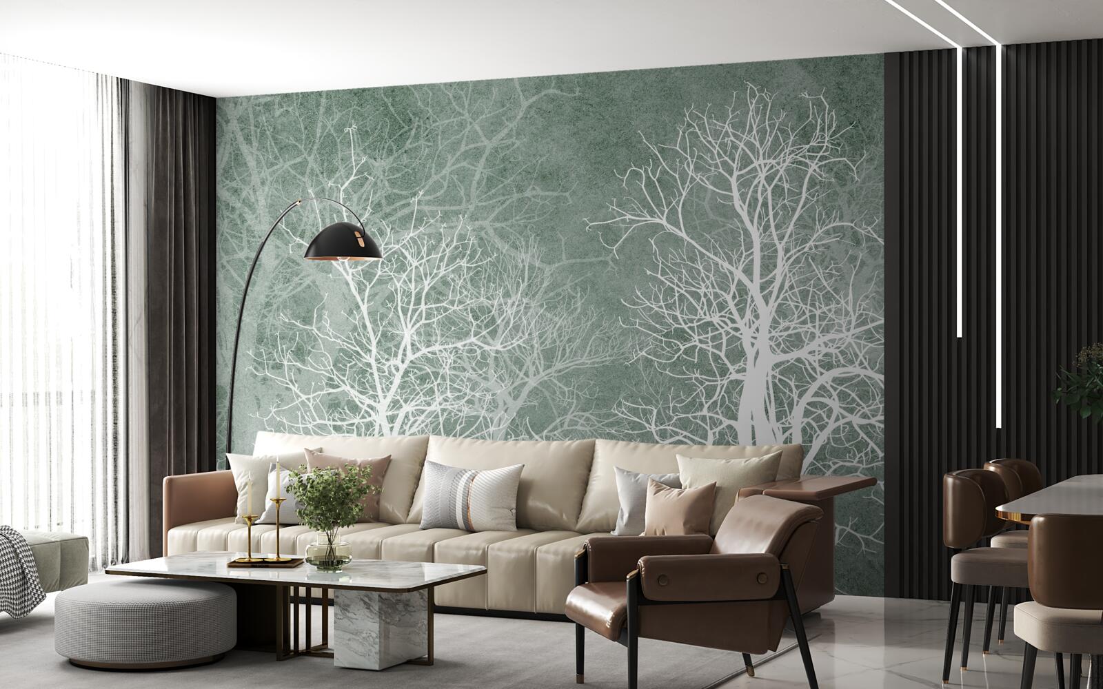 Carta da parati alberi in una decorazione bianca come la neve contro il cielo notturno
