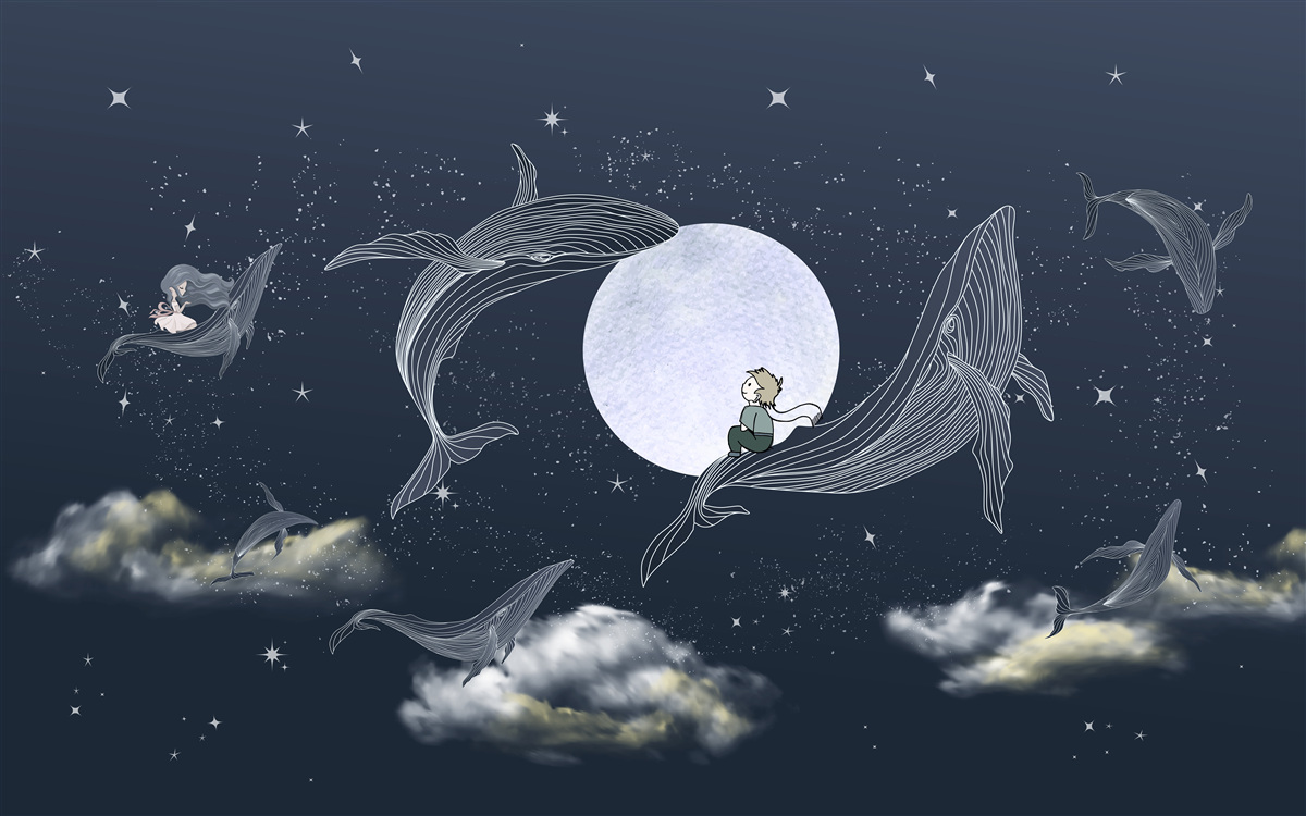 Carta da parati balene di notte sotto la luna