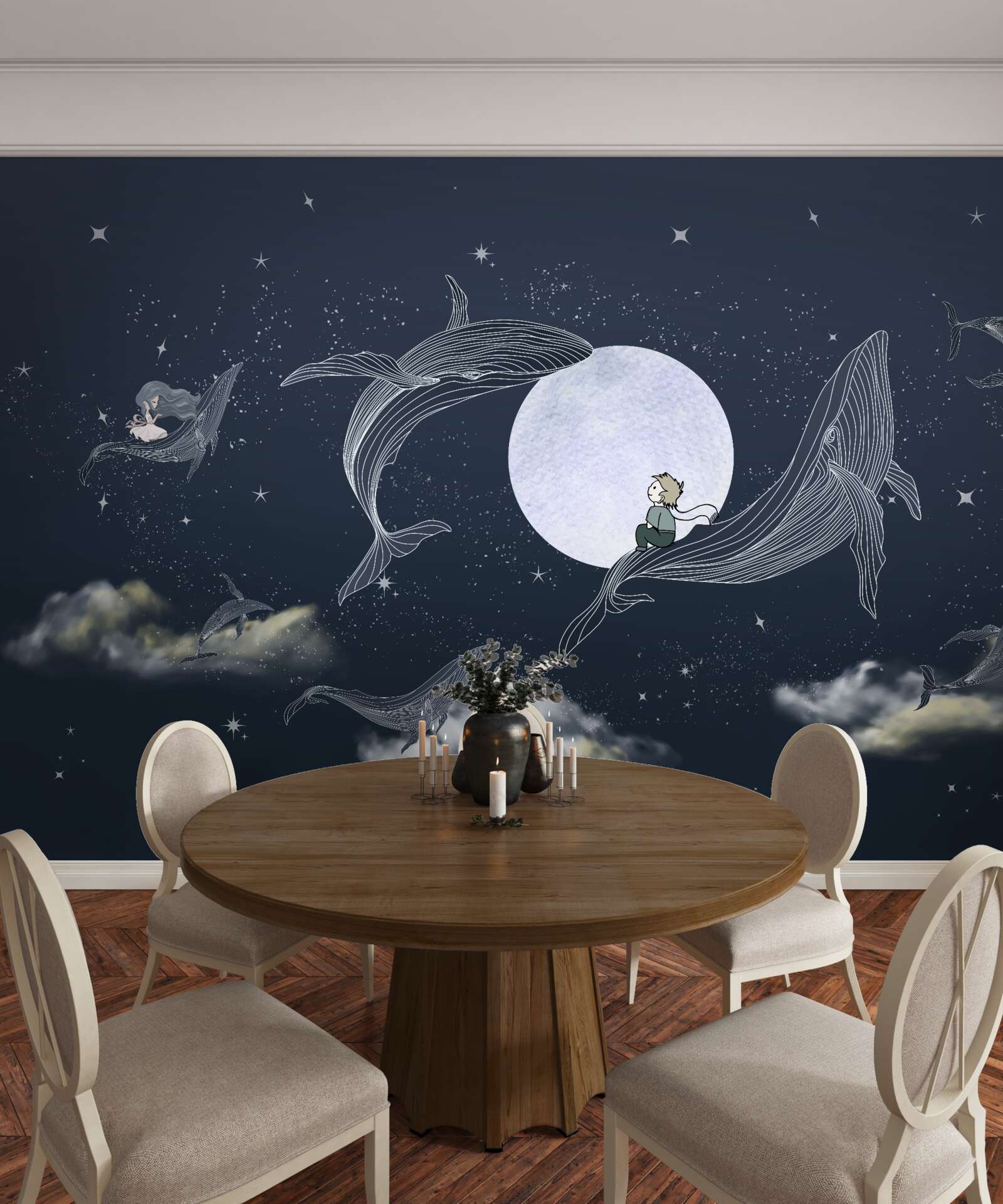 Carta da parati balene di notte sotto la luna