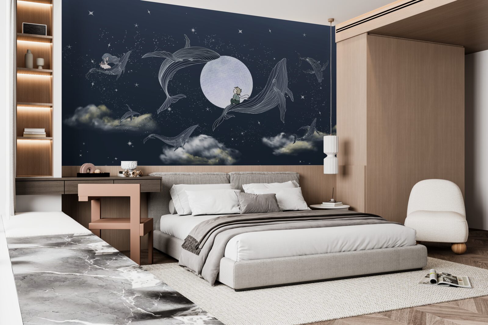 Carta da parati balene di notte sotto la luna