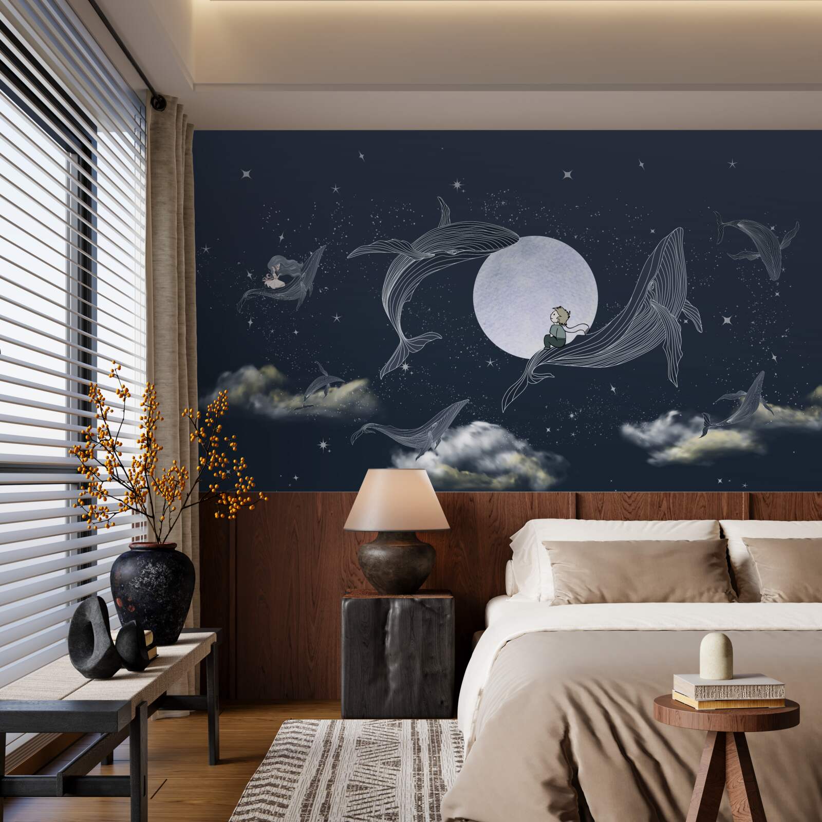 Carta da parati balene di notte sotto la luna