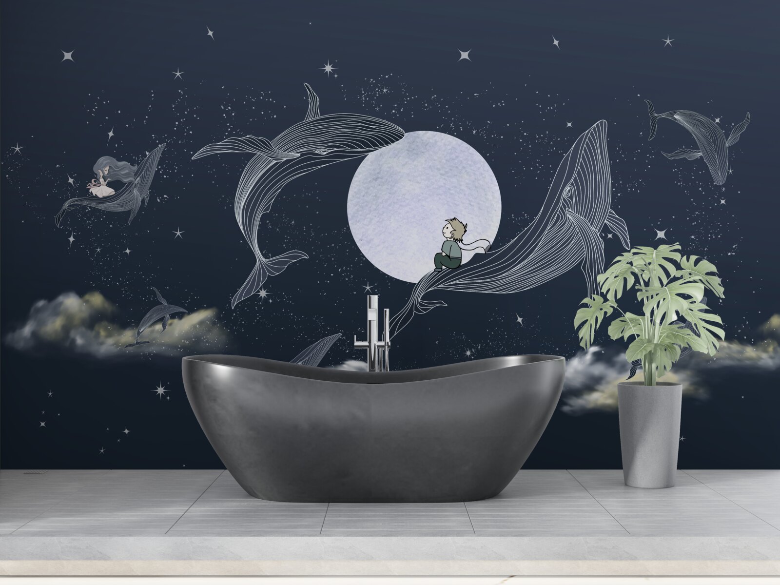Carta da parati balene di notte sotto la luna