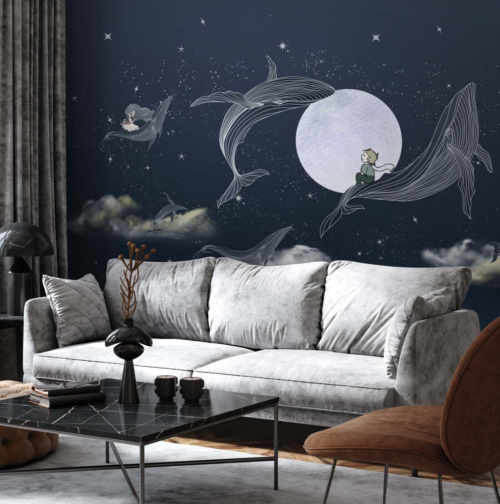 Carta da parati balene di notte sotto la luna
